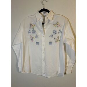 Chopper Vintage GrandmacoreWhite Cotton Floral Embroidered Button Down Shirt L